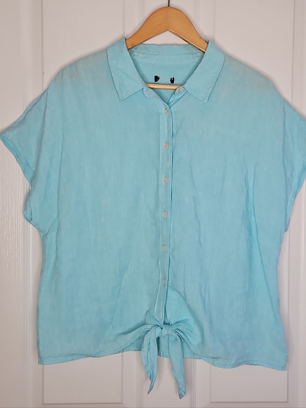 Talbots 100% Linen Tie Front Camp Shirt XL Aqua Blue Button Beachy Coastal